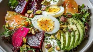Elegant French Beet and Avocado Salad with Creme Fraiche and Pistachios
