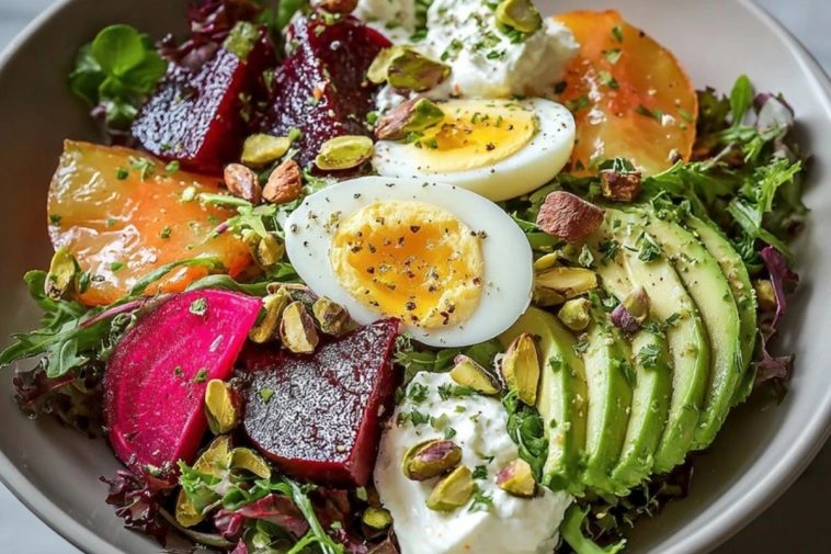 Elegant French Beet and Avocado Salad with Creme Fraiche and Pistachios