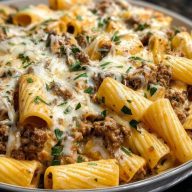 Creamy Cheesy Garlic Butter Rigatoni with Savory Beef