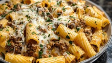 Creamy Cheesy Garlic Butter Rigatoni with Savory Beef