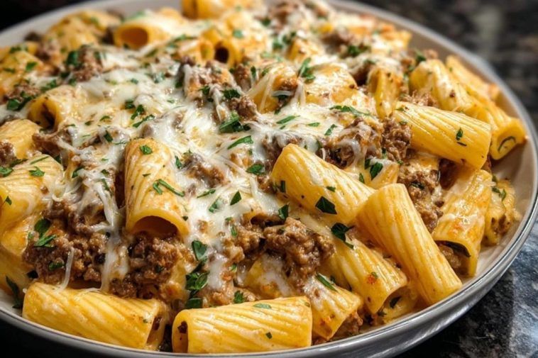 Creamy Cheesy Garlic Butter Rigatoni with Savory Beef