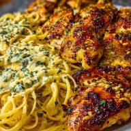 Creamy Garlic Parmesan Chicken with Cheesy Linguine