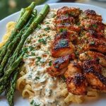 Delicious Greek Chili Chicken Alfredo with Smoked Feta Cream & Crispy Parmesan Asparagus