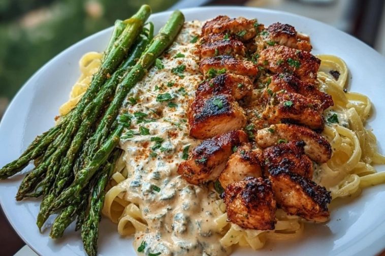 Delicious Greek Chili Chicken Alfredo with Smoked Feta Cream & Crispy Parmesan Asparagus