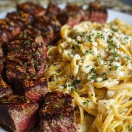 Garlic Butter Steak with Cheesy Linguine in Four-Cheese Sauce
