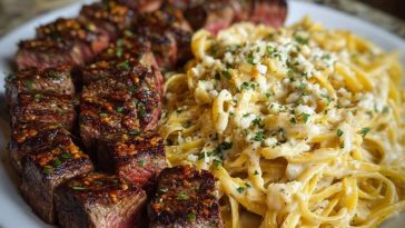 Garlic Butter Steak with Cheesy Linguine in Four-Cheese Sauce