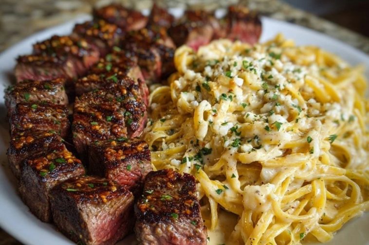 Garlic Butter Steak with Cheesy Linguine in Four-Cheese Sauce