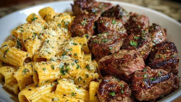Garlic Butter Steak with Creamy Parmesan Rigatoni