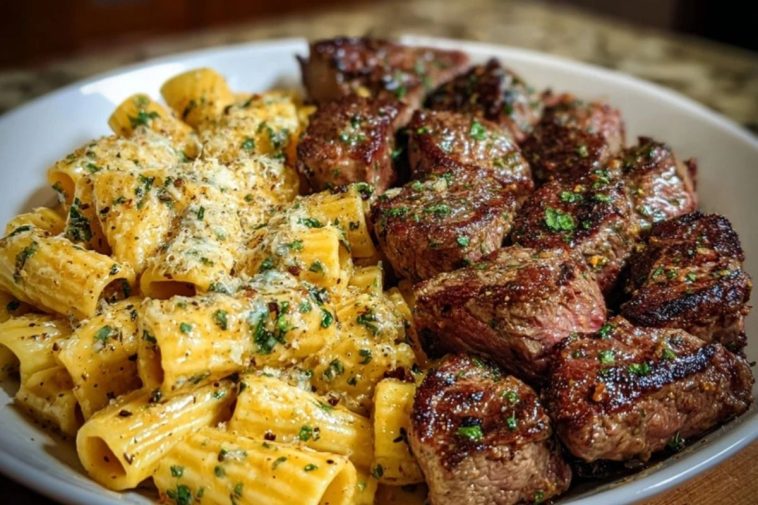 Garlic Butter Steak with Creamy Parmesan Rigatoni