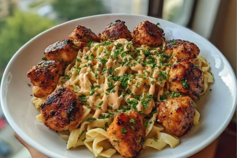 Maple Garlic Chicken Bites with Spicy Cajun Alfredo