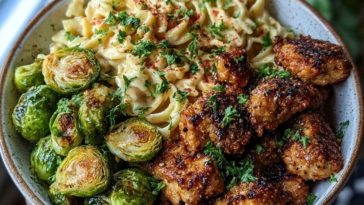 Maple Garlic Chicken Bites with Spicy Cajun Alfredo & Crispy Brussels Twists
