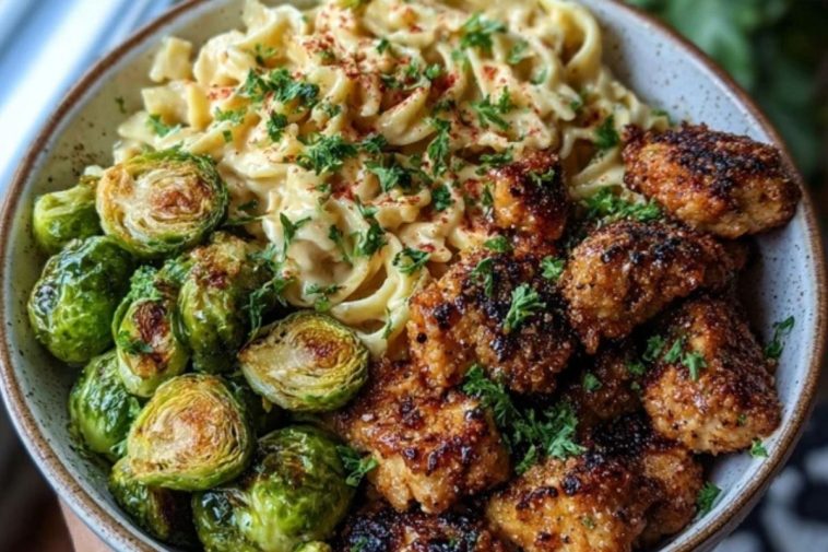 Maple Garlic Chicken Bites with Spicy Cajun Alfredo & Crispy Brussels Twists