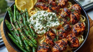Smoky Paprika Chicken Alfredo with Lemon Feta Whip & Charred Green Beans