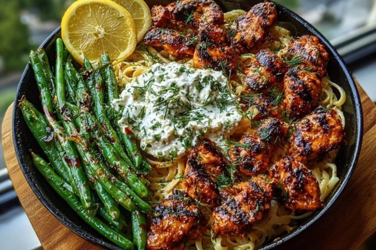 Smoky Paprika Chicken Alfredo with Lemon Feta Whip & Charred Green Beans