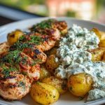 Spicy Yogurt Marinated Chicken with Dill Feta Cream & Crispy Baby Potatoes