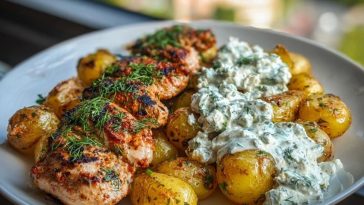 Spicy Yogurt Marinated Chicken with Dill Feta Cream & Crispy Baby Potatoes
