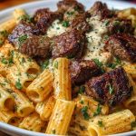 Cajun Garlic Butter Linguine with Tender Beef Strips Rigatoni