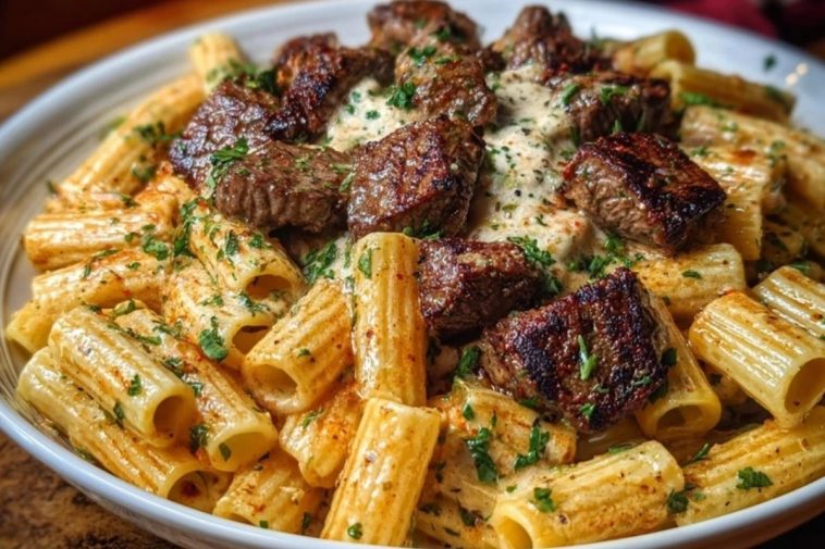 Cajun Garlic Butter Linguine with Tender Beef Strips Rigatoni