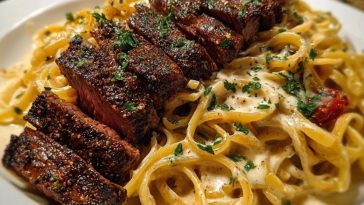 Cajun Garlic Butter Steak over Creamy Parmesan Linguine