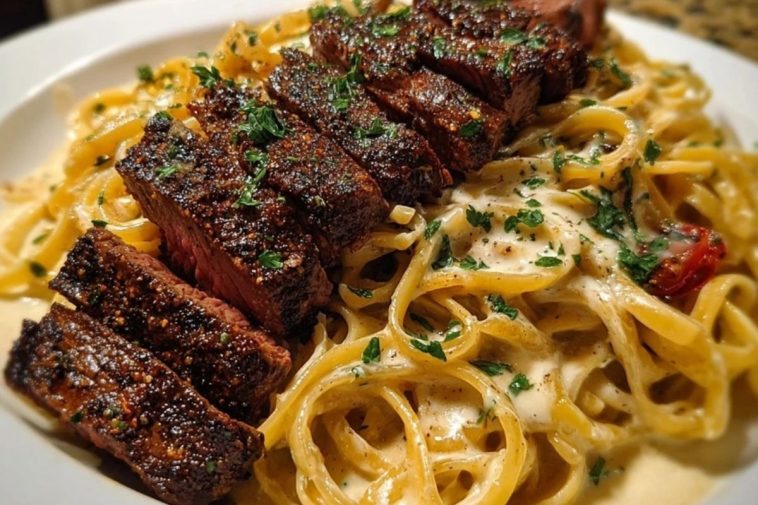 Cajun Garlic Butter Steak over Creamy Parmesan Linguine