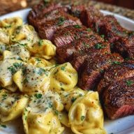 Cajun Garlic Butter Steak with Cheesy Alfredo Tortellini