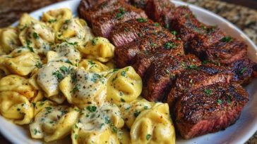Cajun Garlic Butter Steak with Cheesy Alfredo Tortellini