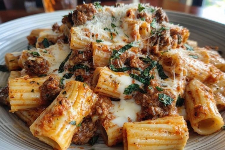 Cheesy Beef and Italian Sausage Rigatoni in Garlic Butter Sauce