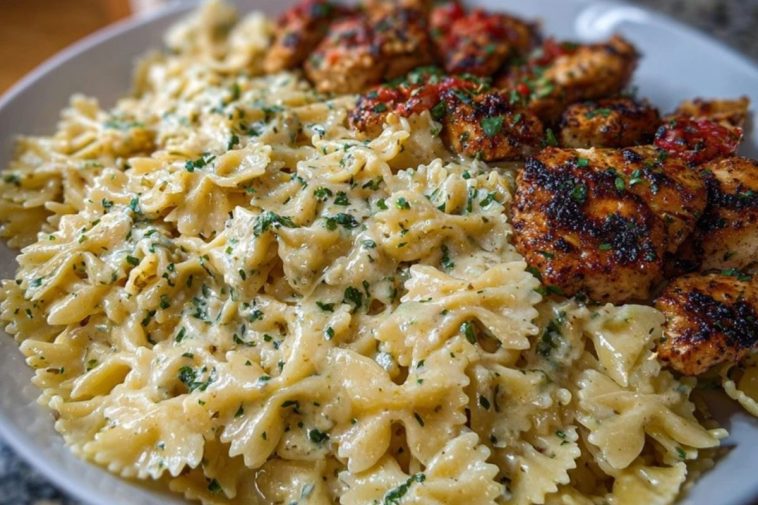 Cheesy Bowtie Pasta with Garlic Parmesan Chicken
