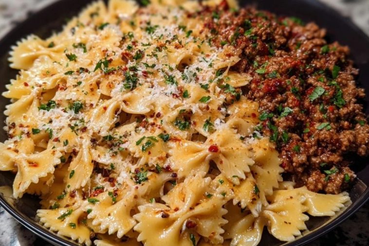 Cheesy Bowtie Pasta with Savory Cajun Ground Beef in Garlic Cream