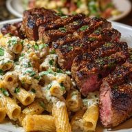 Cheesy Cajun Garlic Butter Steak with Creamy Rigatoni