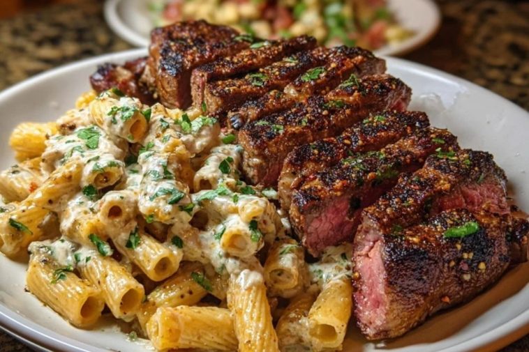 Cheesy Cajun Garlic Butter Steak with Creamy Rigatoni