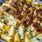 Cheesy Garlic Butter Chicken Bites with Rigatoni in Alfredo Sauce