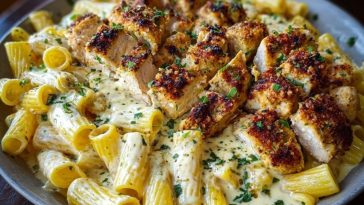 Cheesy Garlic Butter Chicken Bites with Rigatoni in Alfredo Sauce