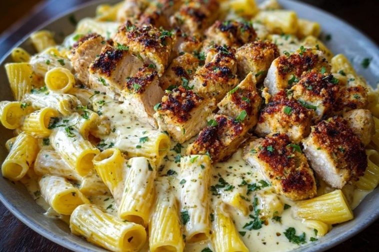 Cheesy Garlic Butter Chicken Bites with Rigatoni in Alfredo Sauce