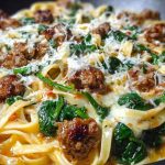 Cheesy Garlic Butter Linguine with Beef, Sausage and Spinach