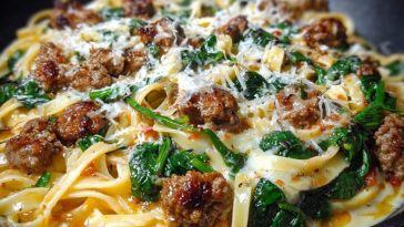 Cheesy Garlic Butter Linguine with Beef, Sausage and Spinach