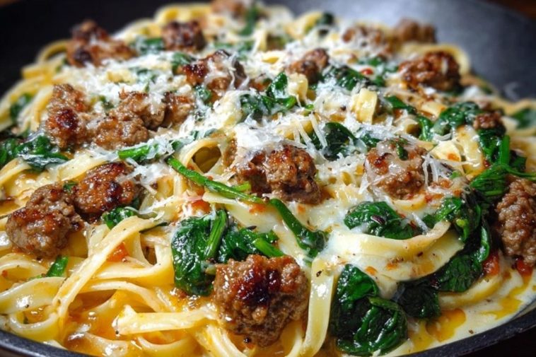 Cheesy Garlic Butter Linguine with Beef, Sausage and Spinach