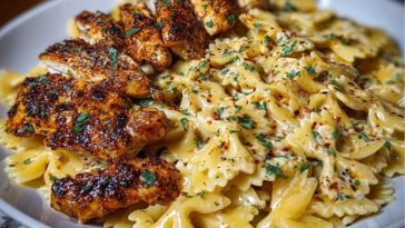 Cheesy Garlic Cajun Chicken Bowtie Pasta in Alfredo Sauce