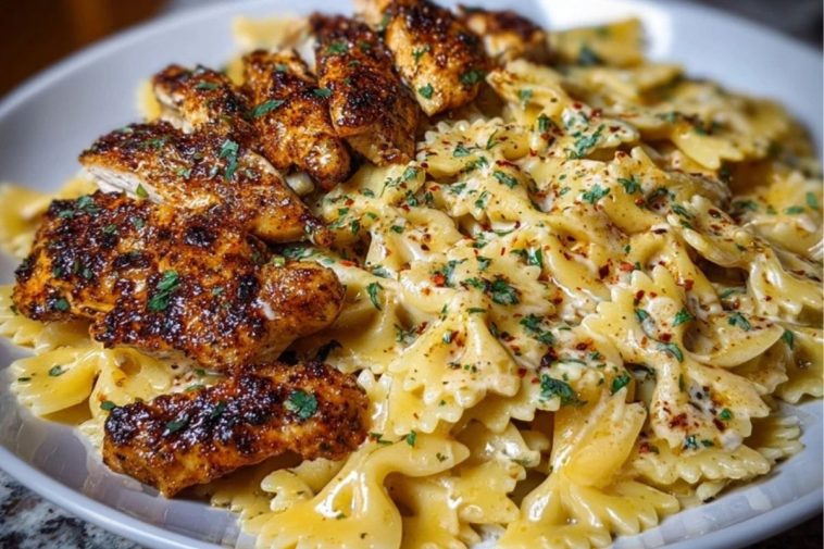 Cheesy Garlic Cajun Chicken Bowtie Pasta in Alfredo Sauce