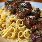 Cheesy Garlic Steak Bites over Creamy Linguine Pasta