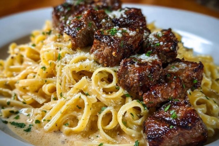 Cheesy Garlic Steak Bites over Creamy Linguine Pasta