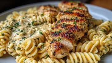 Cheesy Twisted Pasta with Creamy Garlic Parmesan Chicken