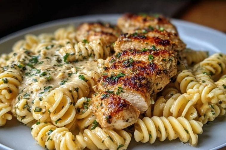 Cheesy Twisted Pasta with Creamy Garlic Parmesan Chicken