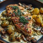 Chestnut Garlic Greek Chicken Alfredo with Sage Potatoes & Mushroom Basil Pesto