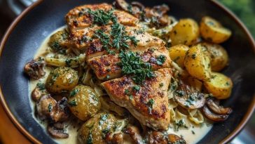 Chestnut Garlic Greek Chicken Alfredo with Sage Potatoes & Mushroom Basil Pesto