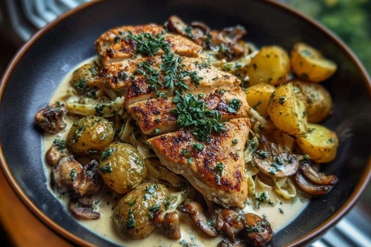 Chestnut Garlic Greek Chicken Alfredo with Sage Potatoes & Mushroom Basil Pesto