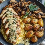 Chestnut Garlic Greek Chicken Alfredo with Sage Potatoes & Mushroom Basil Pesto Cream