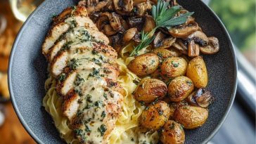 Chestnut Garlic Greek Chicken Alfredo with Sage Potatoes & Mushroom Basil Pesto Cream