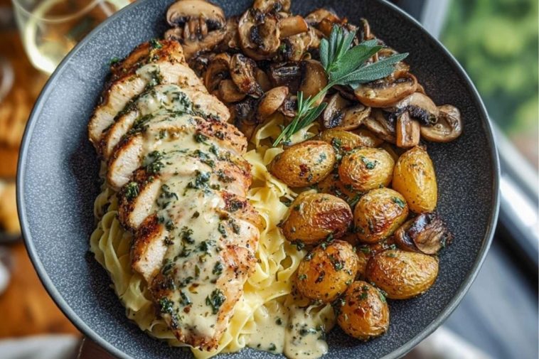 Chestnut Garlic Greek Chicken Alfredo with Sage Potatoes & Mushroom Basil Pesto Cream