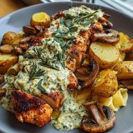 Chestnut Garlic Greek Chicken Alfredo with Sage Potatoes & Mushroom Pesto Cream